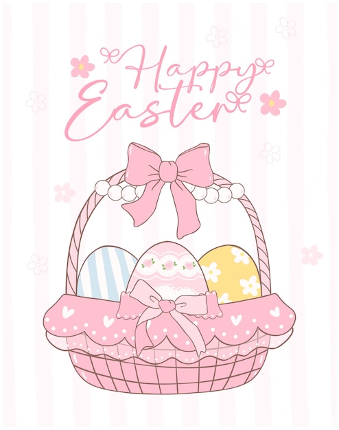 Cute coquette easter egg basket with pink bow cartoon banner sweet retro happy easter spring animal