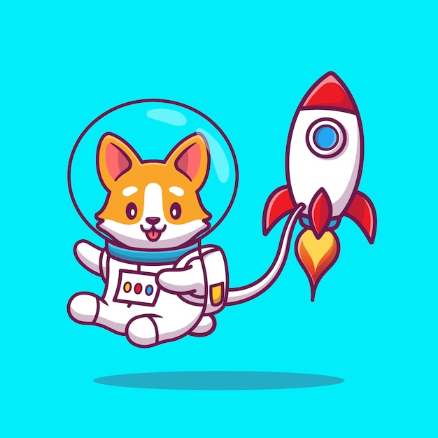 Carino corgi astronaut with rocket cartoon icon illustration. concetto dell'icona dello spazio animale isolato. stile cartone animato piatto