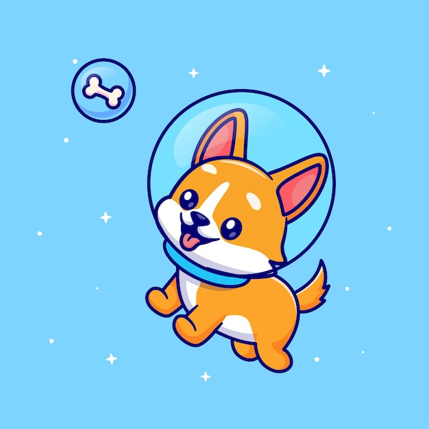 Cute Corgi Dog Astronaut Floating With Bone Cartoon Vector Icon Illustration. Animal Science Icon