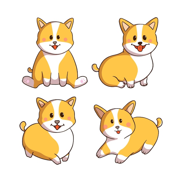 Vettore simpatica collezione di cani corgi con stile scarabocchio colorato