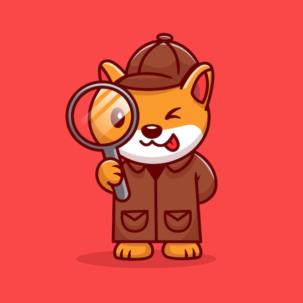 Vector cute corgi dog detective with magnifying glass