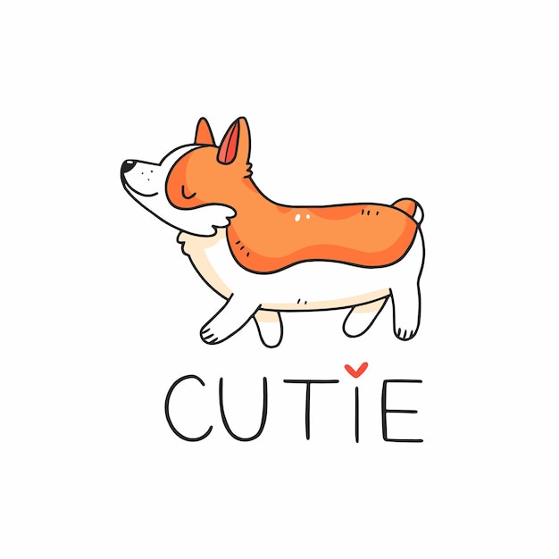 Cute corgi dog in doodle style with the inscription cutie Vector illustration