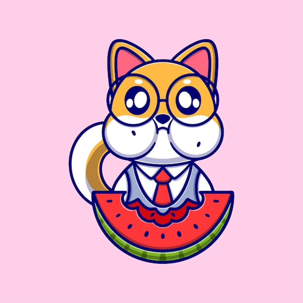 cute corgi dog eating watermelon cartoon vector icon illustration animal nature icon concept isolat