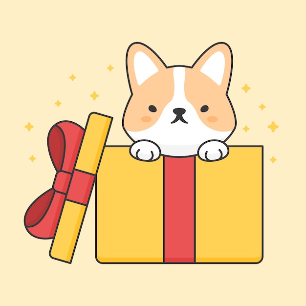 Cane sveglio del corgi in un contenitore di regalo