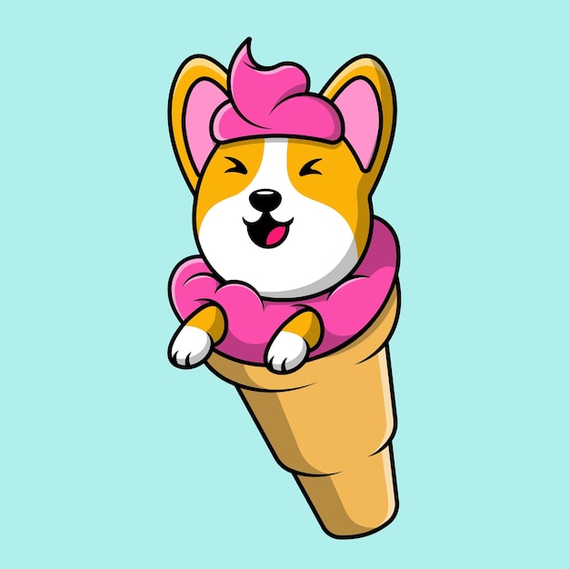 Illustrazione delle icone di vettore del fumetto del gelato del cane sveglio di corgi