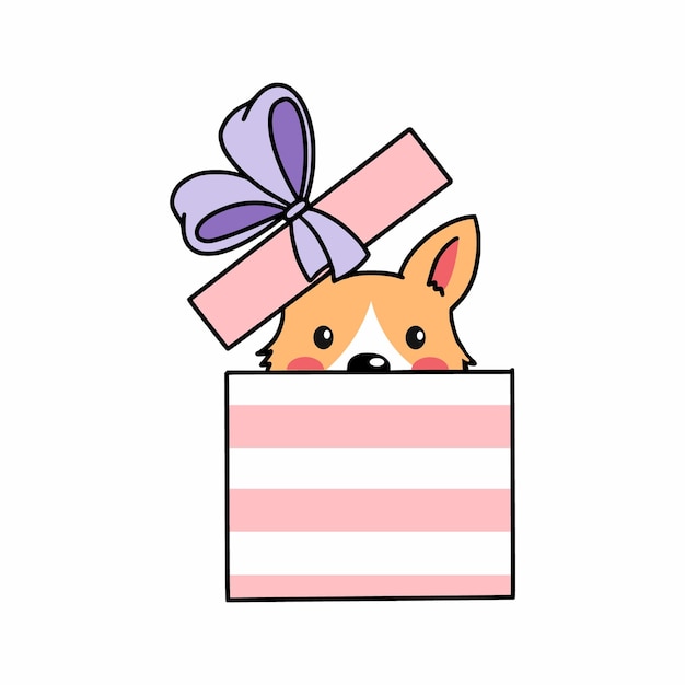 Cute corgi dog is sitting in gift box Pet Design element for postcards icons stickers Vector doodle illustration Birthday surprise