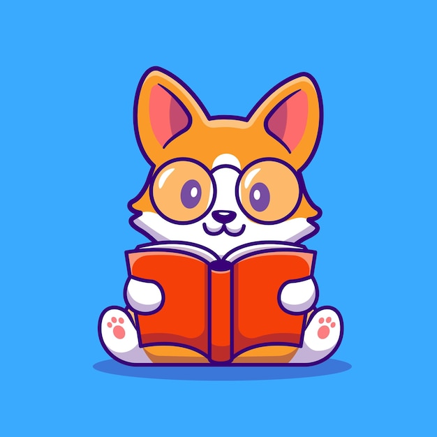 Cute corgi dog reading book cartoon vector icon illustration. animal education icon concept isolated premium vector. flat cartoon style