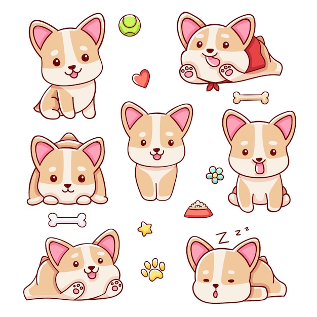 Simpatico set di cani corgi, volare, dormire, sedersi, cacciare illustrazione vettoriale in stile cartone animato