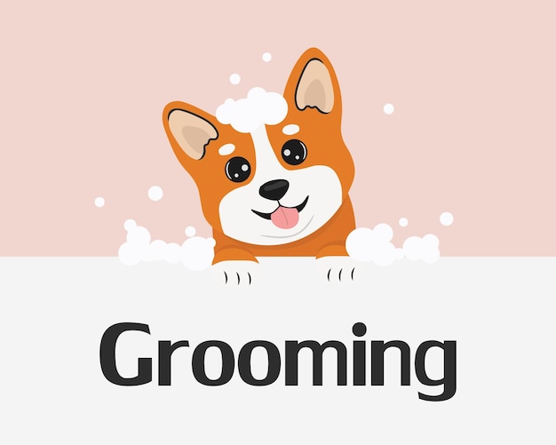 泡でお風呂に入るかわいいコーギー犬ペットグルーミングバナーのイラスト漫画スタイルのベクトルイラストグルーミングコンセプト