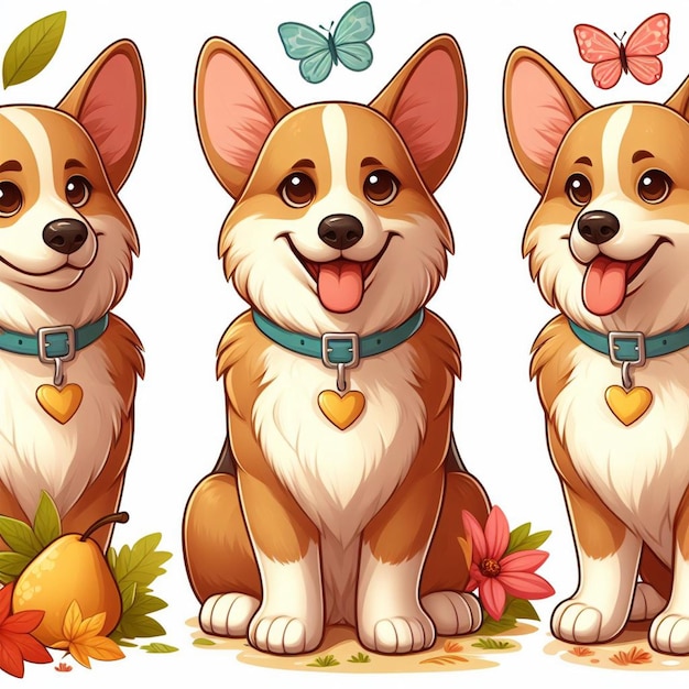 Vettore cute corgi dogs vector illustrazione di cartoni animati