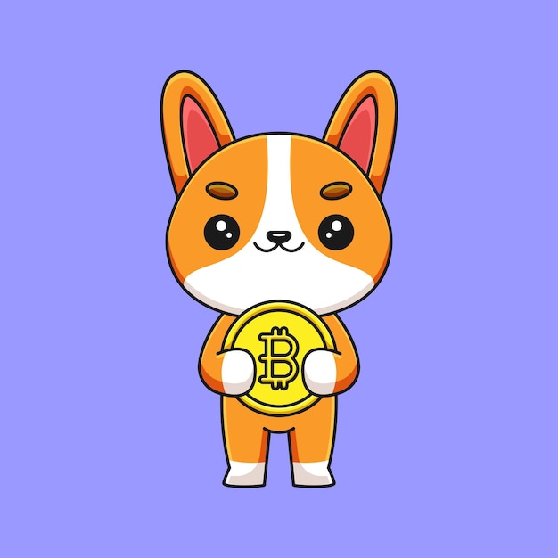 Vector cute corgi holding bitcoin cartoon mascot doodle art hand drawn outline concept vector kawaii icon illustration