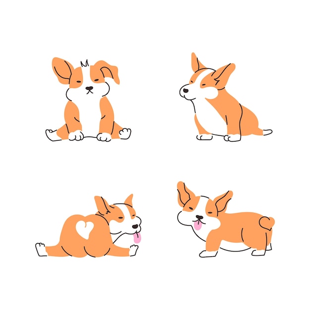 Simpatico set di cuccioli di corgi. raccolta di divertenti illustrazioni di cani in diverse pose. vettore