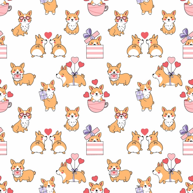 Cute corgi Seamless pattern Printing on fabric and wrapping paper Wallpaper for nursery Valentine's day