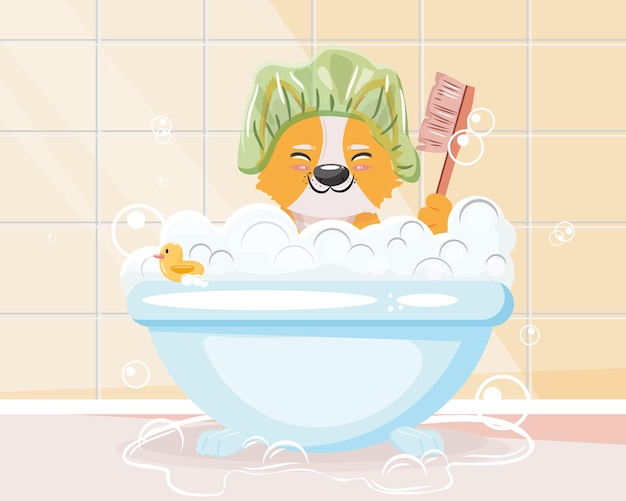 Cute corgi in the shower cap bathing with a lot of bubbles and foam.