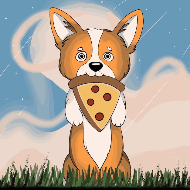 Un simpatico corgi sta sulle zampe posteriori e ha un pezzo di pizza in bocca