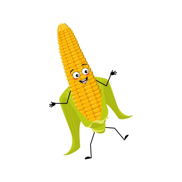 Cute corn cob character cheerful with emotions dancing smile face arms and legs the funny harvest an...