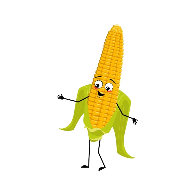 Cute corn cob character with joyful emotions happy face smile eyes arms and legs funny yellow vegetable