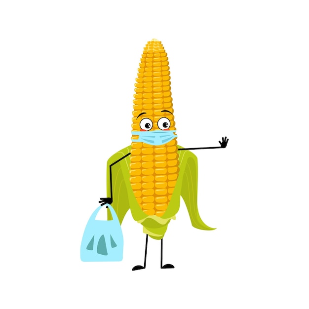 Vector cute corn cob character with sad emotions face and mask keep distance hands with shopping bag and st...
