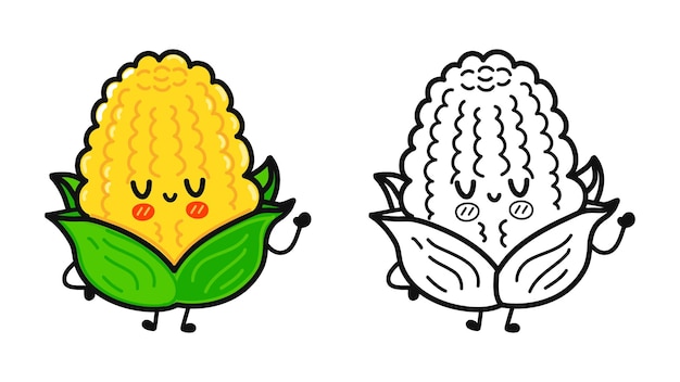 Vector cute corn outline cartoon illustration for coloring book