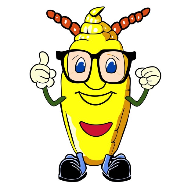 Vector cute corn wearing glasses with thumbs up cartoon vector icon illustration