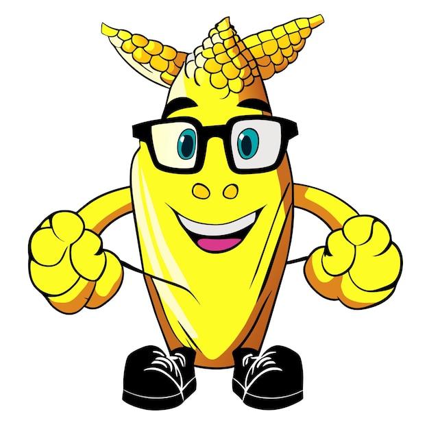 Vector cute corn wearing glasses with thumbs up cartoon vector icon illustration