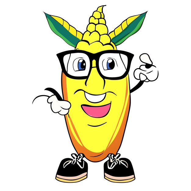 Vector cute corn wearing glasses with thumbs up cartoon vector icon illustration