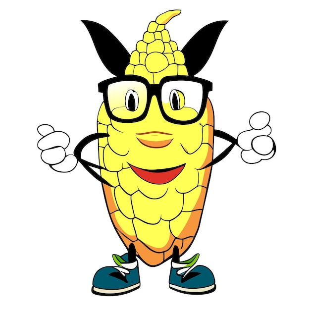 Vector cute corn wearing glasses with thumbs up cartoon vector icon illustration