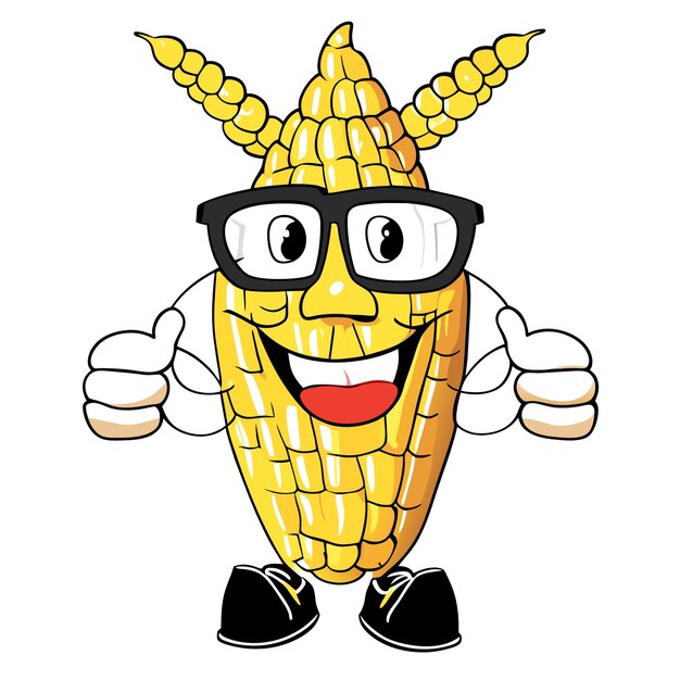 Vector cute corn wearing glasses with thumbs up cartoon vector icon illustration