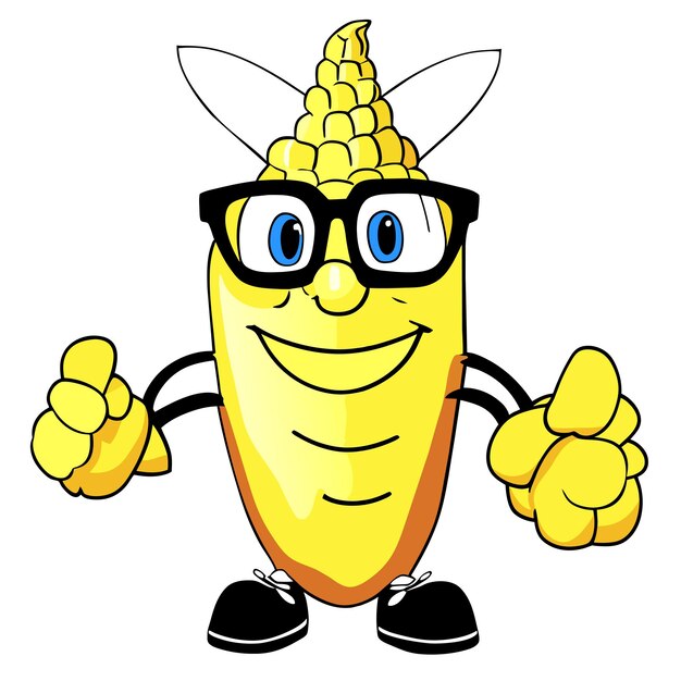 Vector cute corn wearing glasses with thumbs up cartoon vector icon illustration