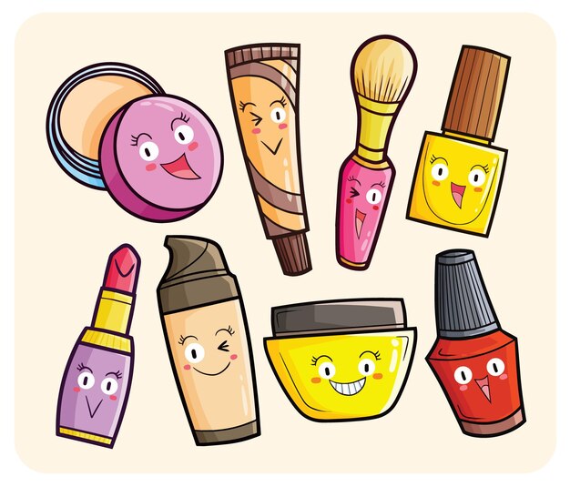 Vector cute cosmetic products cartoon character set