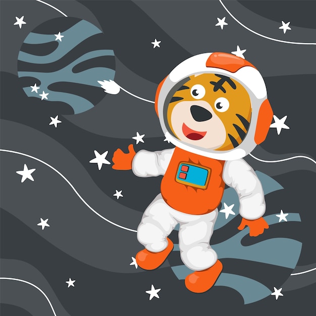 Cute cosmonaut tiger in a spacesuit flies in outer space Vector illustration on the space theme in cartoon style