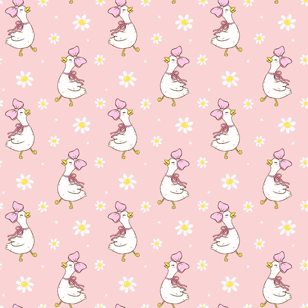 cute cottagecore spring goose seamless pattern cartoon coquette hand drawn playful girly wallpaper