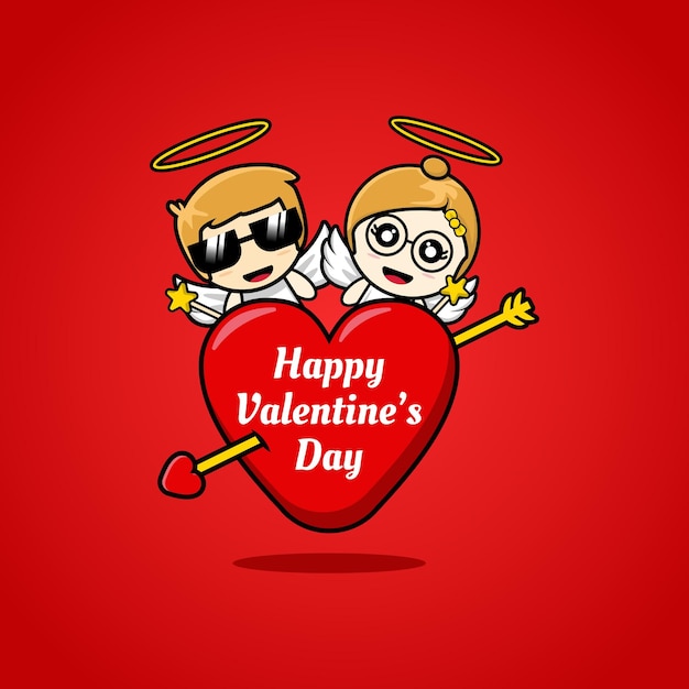Cute couple of angels hold love sign cartoon illustration