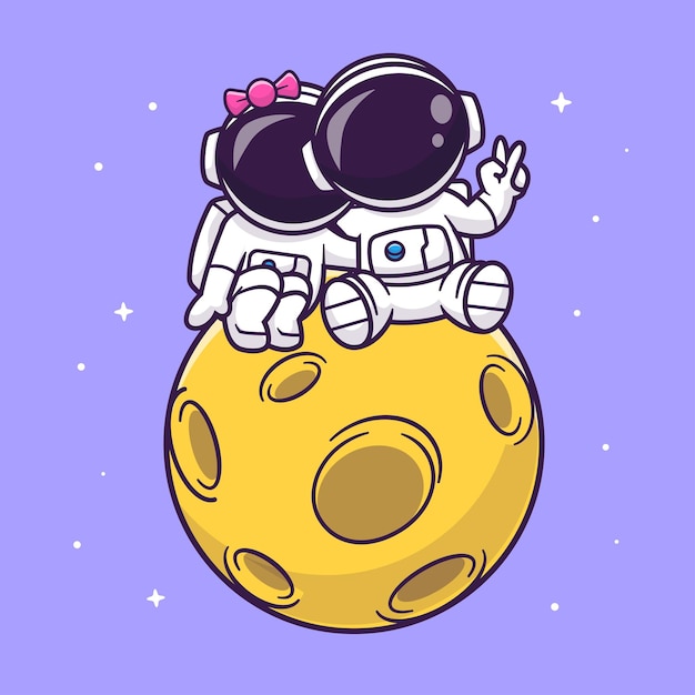 Cute Couple Astronaut Sitting On The Moon With Peace Hand Cartoon Vector Icon Illustration Science