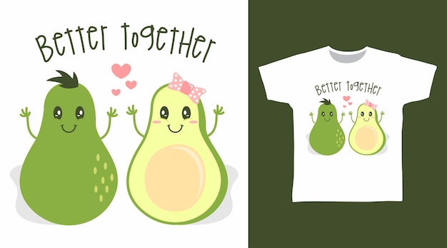 Vector cute couple avocado tee designs concept