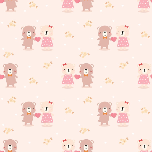 Cute couple bear in love seamless pattern