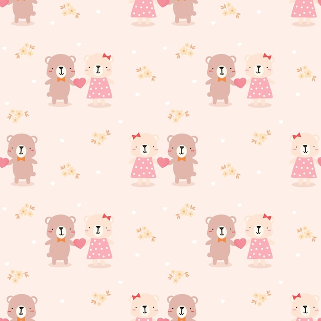 Vector cute couple bear in love seamless pattern