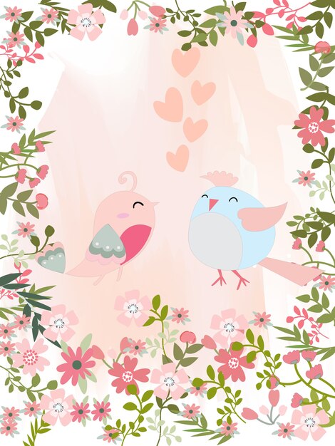 Vector cute couple bird in spring flower border