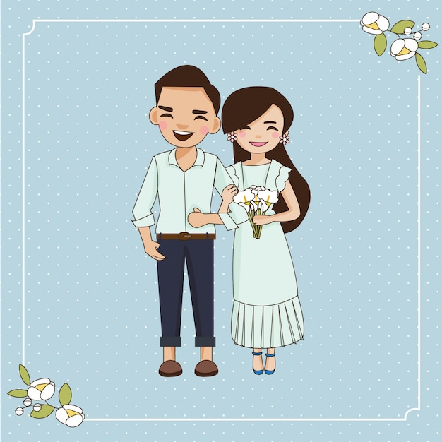 cute couple on blue wedding invitations card.