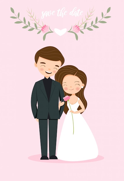 Cute couple bride and groom for wedding invitation card