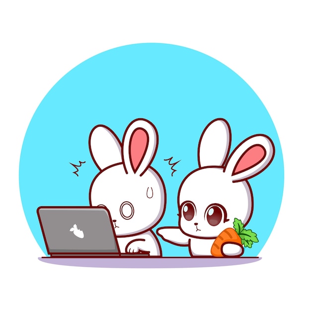 벡터 노트북에서 작업 하는 귀여운 커플 토끼