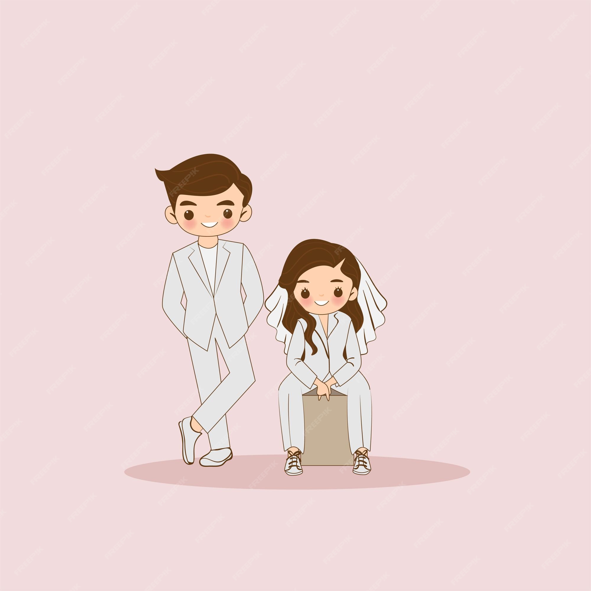 Premium Vector | Cute couple cartoon character in white dress
