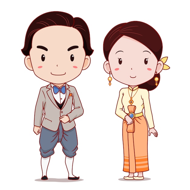 Vector cute couple of cartoon characters in applied thai traditional costume.