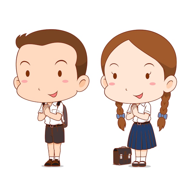 Cute couple cartoon of high school boy and girl.