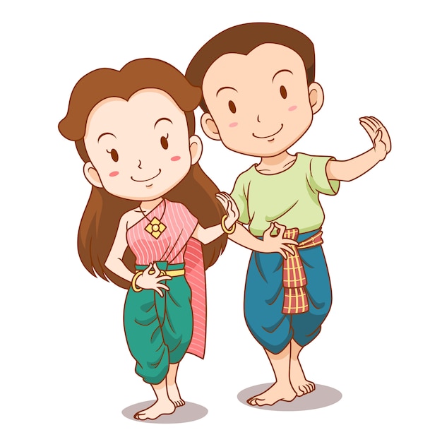 Vector cute couple cartoon of traditional thai dancers