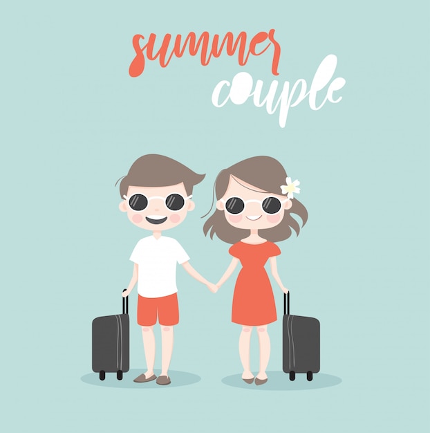 Cute couple cartoon traveling together on summer holiday