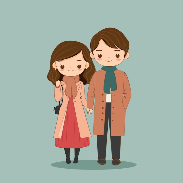 Cute couple cartoon in winter outfit