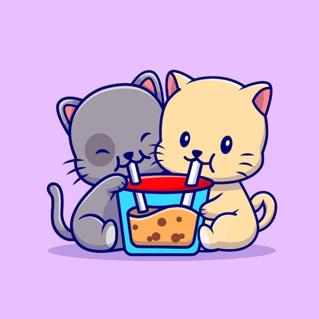Cute couple cat drink boba milk tea cartoon   illustration. animal drink  concept isolated  . flat cartoon style