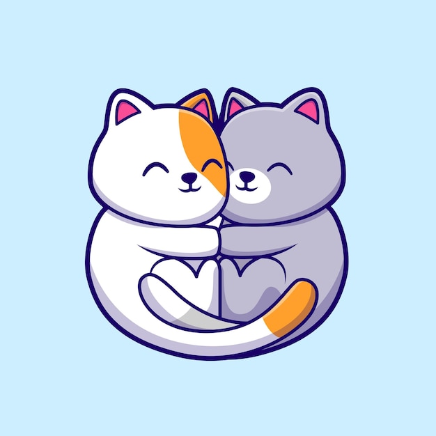 Cute couple cat hug cartoon vector icon illustration. animal nature icon concept isolated premium