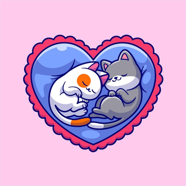 Vector cute couple cat sleeping on love pillow cartoon vector icon illustration animal nature isolated